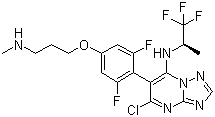 结构式 CAS# 849550-05-6, 西维布林; 5-氯-6-[2,6-二氟-4-[3-(甲基氨基)丙氧基]苯基]-N-((1S)-2,2,2-三氟-1-甲基乙基)-[1,2,4]三唑并[1,5-a]嘧啶-7-胺