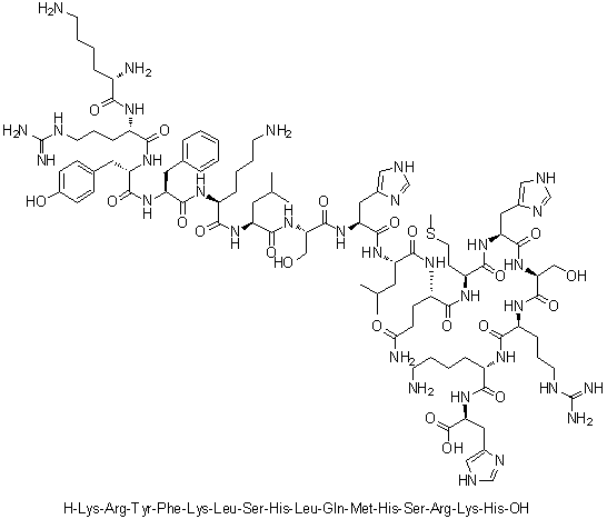 L-Lysyl-L-arginyl-L-tyrosyl-L-phenylalanyl-L-lysyl-L-leucyl-L-seryl-L-histidyl-L-leucyl-L-glutaminyl-L-methionyl-L-histidyl-L-seryl-L-arginyl-L-lysyl-L-histidine molecular structure (CAS 851666-89-2)