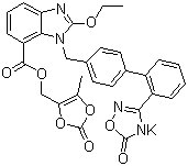 structure of CAS# 863031-24-7, Azilsartan kamedoxomil;1-[[2'-(2,5-Dihydro-5-oxo-1,2,4-oxadiazol-3-yl)[1,1'-biphenyl]-4-yl]methyl]-2-ethoxy-1H-benzimidazole-7-carboxylic acid (5-methyl-2-oxo-1,3-dioxol-4-yl)methyl ester potassium salt