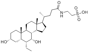 structure of CAS# 863239-61-6, Obeticholic acid metabolite UPF-1443;Tauro-Obeticholic Acid;2-[[(4R)-4-[(3R,5S,6R,7R,8S,9S,10S,13R,14S,17R)-6-ethyl-3,7-dihydroxy-10,13-dimethyl-2,3,4,5,6,7,8,9,11,12,14,15,16,17-tetradecahydro-1H-cyclopenta[a]phenanthren-17-yl]pentanoyl]amino]ethanesulfonic acid