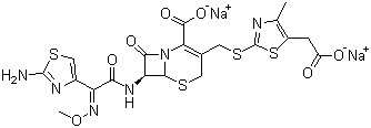 结构式 CAS# 86329-79-5, 头孢地嗪钠; (6R,7R)-7-[(2-氨基-4-噻唑基)-(甲氧亚氨基)乙酰氨基]-3-[[(5-羧甲基-4-甲基-2-噻唑基)硫]甲基]-8-氧代-5-硫杂-1-氮杂双环[4.2.0]辛-2-烯-2-甲酸二钠盐