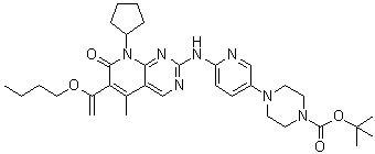 结构式 CAS# 866084-31-3, 4-[6-[[6-(1-丁氧基乙烯基)-8-环戊基-5-甲基-7-氧代-7,8-二氢吡啶并[2,3-d]嘧啶-2-基]氨基]吡啶-3-基]哌嗪-1-羧酸叔丁酯