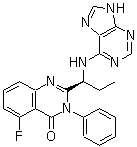 结构式 CAS# 870281-82-6, 5-氟-3-苯基-2-[(1S)-1-(9H-嘌呤-6-基氨基)丙基]-4(3H)-喹唑啉酮