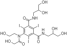 structure of CAS# 87771-40-2, Ioversol;N,N'-Bis(2,3-dihydroxypropyl)-5-[(2-hydroxyacetyl)-(2-hydroxyethyl)amino]-2,4,6-triiodo-benzene-1,3-dicarboxamide
