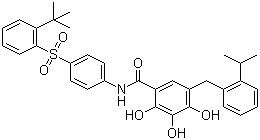 结构式 CAS# 877877-35-5, N-[4-(2-叔丁基苯磺酰基)苯基]-2,3,4-三羟基-5-(2-异丙基苯基甲基)苯甲酰胺