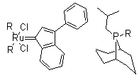 structure of CAS# 894423-99-5, Dichlorobis[9-(2-methylpropyl)-9-phosphabicyclo[3.3.1]nonane](3-phenyl-1H-inden-1-ylidene)ruthenium