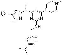 N4-(5-Cyclopropyl-1H-pyrazol-3-yl)-N2-[[3-(1-methylethyl)-5-isoxazolyl]methyl]-6-(4-methyl-1-piperazinyl)-2,4-pyrimidinediamine molecular structure (CAS 898280-07-4)