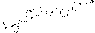 结构式 CAS# 903564-48-7, 2-[[6-[4-(2-羟基乙基)-1-哌嗪基]-2-甲基-4-嘧啶基]氨基]-N-[2-甲基-5-[[3-(三氟甲基)苯甲酰基]氨基]苯基]-5-噻唑甲酰胺