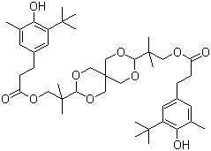 structure of CAS# 90498-90-1, Sumilizer AG 80;3-(1,1-Dimethylethyl)-4-hydroxy-5-methyl-benzenepropanoic acid 2,4,8,10-tetraoxaspiro[5.5]undecane-3,9-diylbis(2,2-dimethyl-2,1-ethanediyl) ester; 3,9-Bis[1,1-dimethyl-2-[(3-tert-butyl-4-hydroxy-5-methylphenyl)propionyloxy]ethyl]-2,4,8,10-tetraoxaspiro[5.5]undecane
