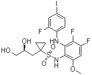structure of CAS# 923032-37-5, Refametinib;N-[3,4-Difluoro-2-[(2-fluoro-4-iodophenyl)amino]-6-methoxyphenyl]-1-[(2S)-2,3-dihydroxypropyl]cyclopropanesulfonamide; BAY 869766; BAY 8697661; RDEA 119