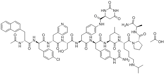 structure of CAS# 934016-19-0, Degarelix acetate;(4S)-N-[4-[(2S)-2-[[(2S)-2-[[(2R)-2-[[(2R)-2-[[(2R)-2-acetamido-3-naphthalen-2-ylpropanoyl]amino]-3-(4-chlorophenyl)propanoyl]amino]-3-pyridin-3-ylpropanoyl]amino]-3-hydroxypropanoyl]amino]-3-[[(2R)-1-[[(2S)-1-[[(2S)-1-[(2S)-2-[[(2R)-1-amino-1-oxopropan-2-yl]carbamoyl]pyrrolidin-1-yl]-1-oxo-6-(propan-2-ylamino)hexan-2-yl]amino]-4-methyl-1-oxopentan-2-yl]amino]-3-[4-(carbamoylamino)phenyl]-1-oxopropan-2-yl]amino]-3-oxopropyl]phenyl]-2,6-dioxo-1,3-diazinane-4-carboxamide;acetic acid