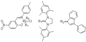 [1,3-Bis(2,4,6-trimethylphenyl)-2-imidazolidinylidene]chloro[2-[[(4-methylphenyl)imino]methyl]-4-nitrophenolato](3-phenyl-1H-inden-1-ylidene)ruthenium molecular structure (CAS 934538-04-2)