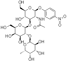4-硝基苯基 O-6-脱氧-alpha-L-吡喃半乳糖基-(1→2)-O-beta-D-吡喃半乳糖基-(1→3)-2-(乙酰氨基)-2-脱氧-beta-D-吡喃葡萄糖苷分子结构 (CAS 93496-53-8)