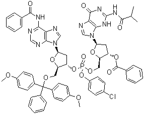 N-Benzoyl-5'-O-[bis(4-methoxyphenyl)phenylmethyl]-P-(4-chlorophenyl)-2'-deoxyadenylyl-(3'→5')-2'-deoxy-N-(2-methyl-1-oxopropyl)guanosine 3'-benzoate molecular structure (CAS 93778-55-3)