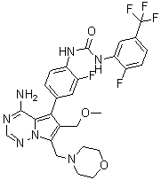 N-[4-[4-Amino-6-(methoxymethyl)-7-(4-morpholinylmethyl)pyrrolo[2,1-f][1,2,4]triazin-5-yl]-2-fluorophenyl]-N'-[2-fluoro-5-(trifluoromethyl)phenyl]urea molecular structure (CAS 939805-30-8)