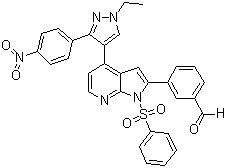 结构式 CAS# 942920-00-5, 3-[4-[1-乙基-3-(4-硝基苯基)-1H-吡唑-4-基]-1-(苯磺酰基)-1H-吡咯并[2,3-b]吡啶-2-基]苯甲醛