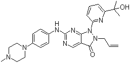 结构式 CAS# 955365-80-7, MK 1775; 2-烯丙基-1-(6-(2-羟基丙-2-基)吡啶-2-基)-6-(4-(4-甲基哌嗪-1-基)苯基氨基)-1H-吡唑并[3,4-d]嘧啶-3(2H)-酮