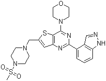 结构式 CAS# 957054-30-7, GDC-0941; 2-(1H-吲唑-4-基)-6-[[4-(甲基磺酰基)-1-哌嗪基]甲基]-4-(4-吗啉基)噻吩并[3,2-d]嘧啶