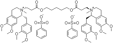 结构式 CAS# 96946-42-8, 顺苯磺阿曲库铵; 顺苯阿曲库铵; (1R,1'R,2R,2'R)-2,2'-[1,5-戊二基双[氧(3-氧-3,1-丙二基)]]双[1-(3,4-二甲氧基苯基)甲基]-1,2,3,4-四氢-6,7-二甲氧基-2-甲基异喹啉]二苯磺酸盐